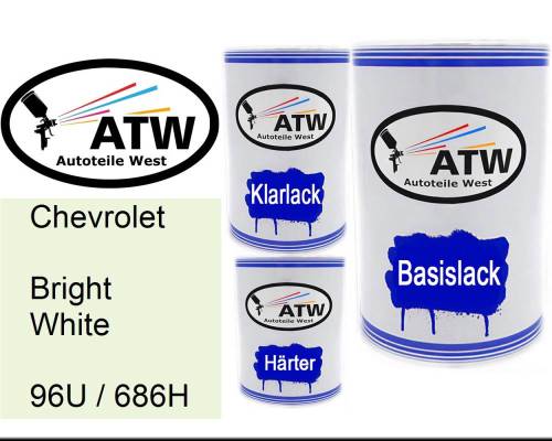 Chevrolet, Bright White, 96U / 686H: 500ml Lackdose + 500ml Klarlack + 250ml Härter - Set, von ATW Autoteile West.